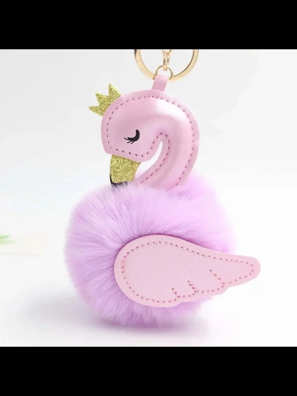 Pink Flamingo Pom Bag Charm  Keychain with Gold Crown